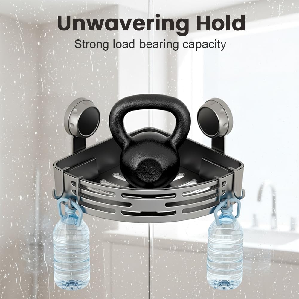 NoDrill - Estantes esquineros triangulares con ventosa para baño, 2 unidades, estante de esquina para ducha, estante adhesivo para ahorrar espacio