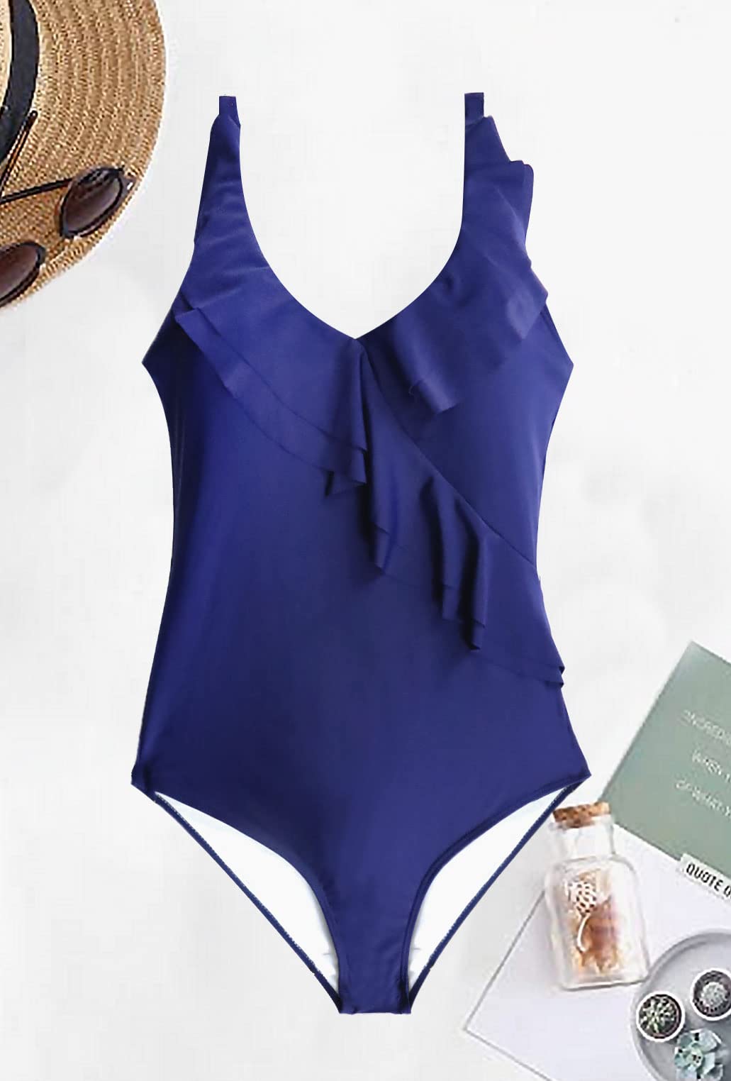 JFAN Costume da Bagno Intero Donna con Scollo A V Volant Stampa A Foglie Costumi da Mare Controllo della Pancia Un Pezzo