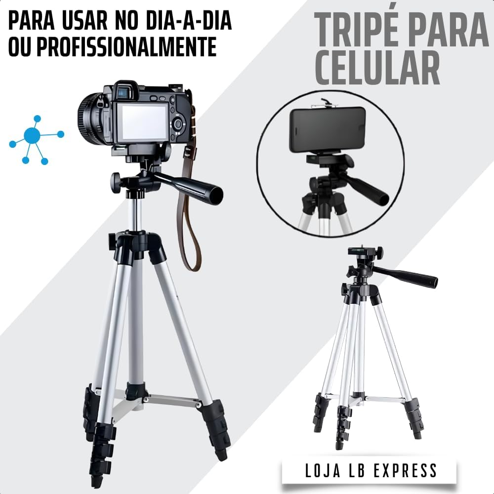 Tripé Profissional Para Câmera E Celular 1,3M Tripod Universal Com Suporte Ajustável Bolsa De Transporte E Regulagem de Altura Pedestal Para Fotos E Vídeos 9 Meses De Garantia