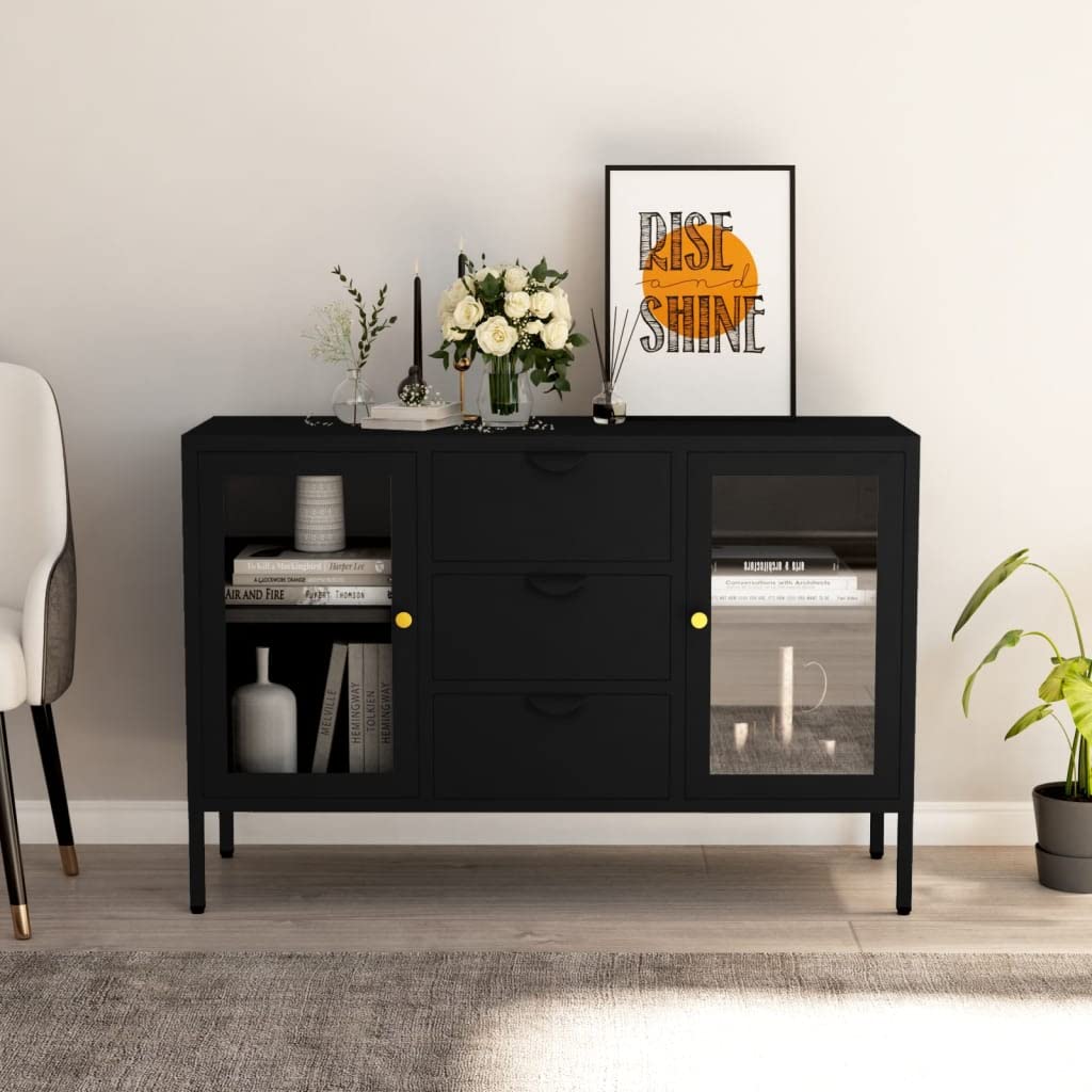 Wejście wielofunkcyjna konsola kuchenna jadalnia kredens czarny 105 x 35 x 70 cm stal i szkło hartowane do salonu, jadalni i kuchni