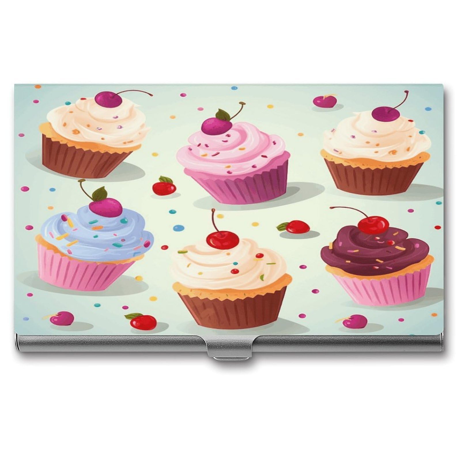 JTREHY Delicious Cupcakes Business Card Holder Slim Purse Name Card Holder Portable Metal Business Card Case Wallet Large Capacity Lightweight Business Card Case for Men Women