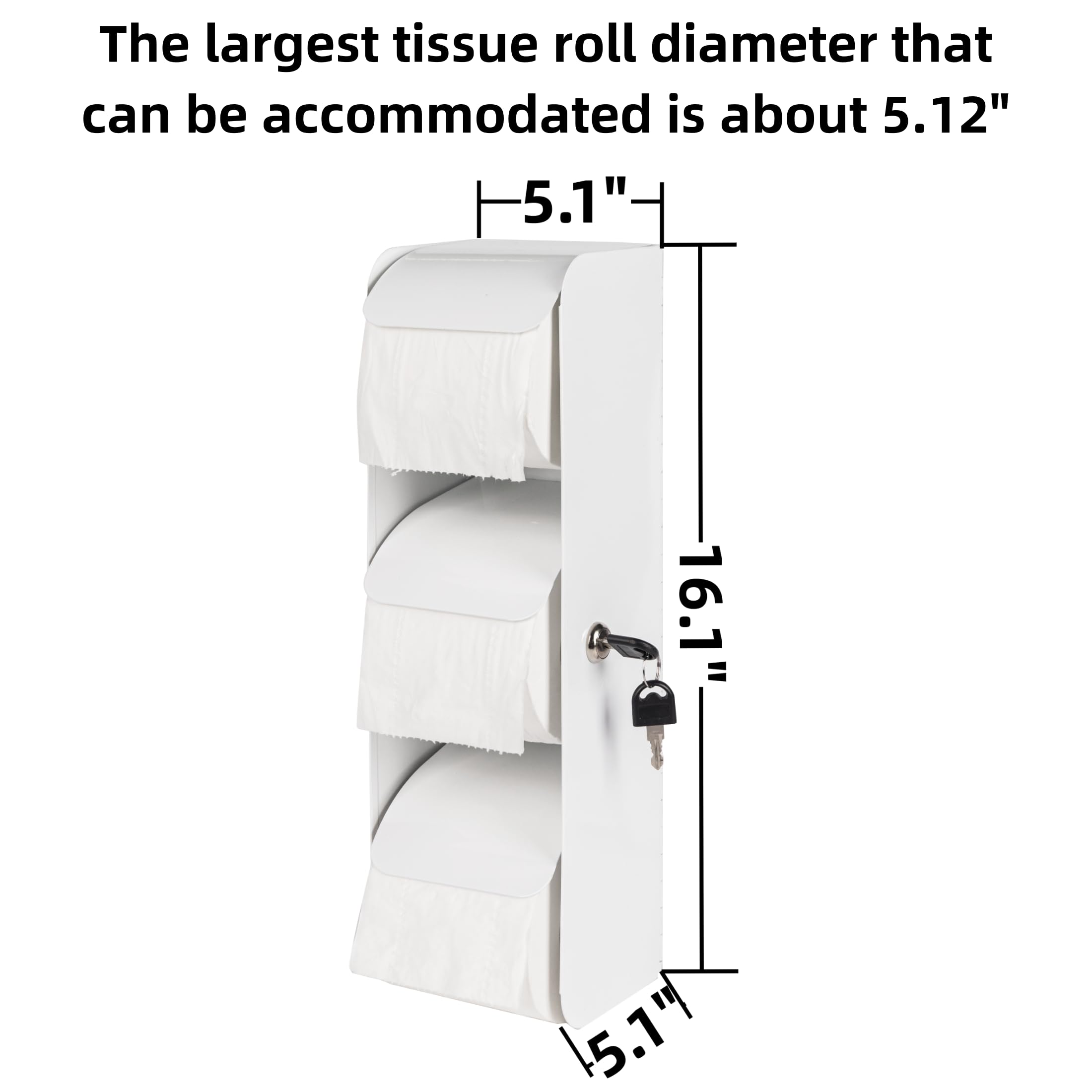 Dispensador comercial de papel higiénico de acero inoxidable, soporte para 3 rollos con cerradura, montaje en pared, opción de rollo doble, color blanco