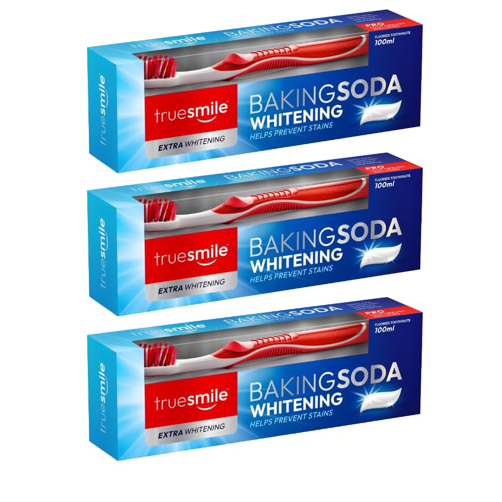 Truesmile Baking Soda Mint Toothpaste Helps Prevent Stains 3 x 100ml & 3 x Toothbrush Trio Set