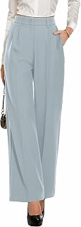 PrinStory Damen Hose Mit Weitem Bein Leichte Elastische Taille Sommer Hose Mit Taschen Kausale Büro Business Hosen