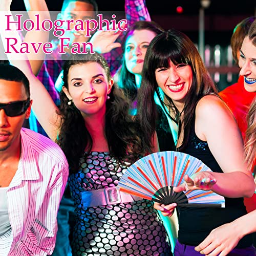 Purpeak 6 Pcs Holographic Rave Fan Large Folding Hand Fan Decorative Folding Fans Folding Fan For Women Men Rave Accessories Halloween Pride Outfits Music Club Parties Gift (Blue) #TOP2