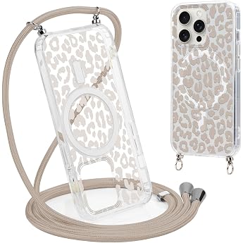 Coalbooliy Mobile Phone Chain Mobile Phone Case for iPhone 16 Pro 6.3 Inch with Strap Cover Compatible with Magsafe Transparent Aesthetic Leopard Pattern Cover with Cord for Hanging Case