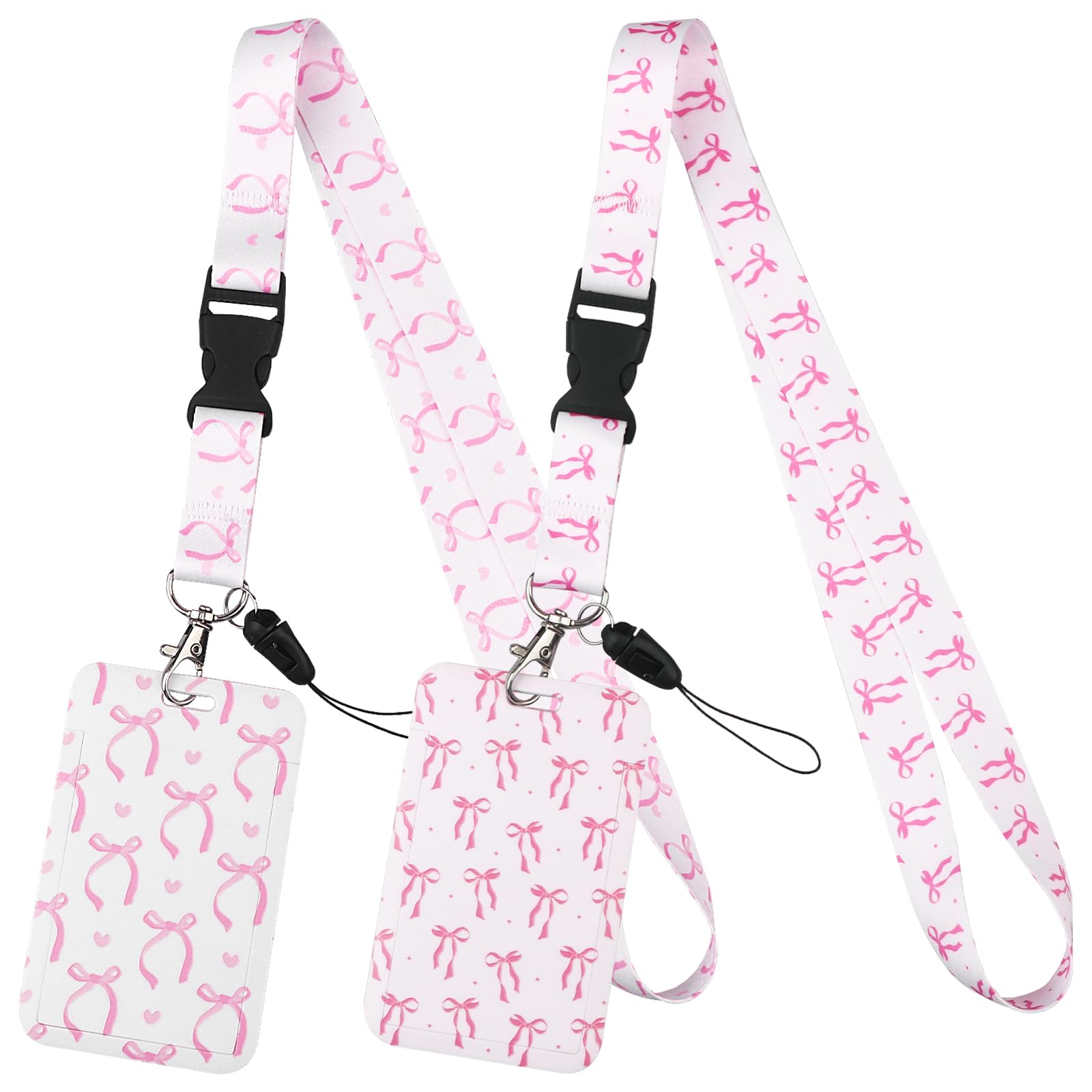 2Pcs Pink Bow Breakaway Lanyards ID Badge Holder with Retractable Reel Clip White Pink Card Protector Case Vertical ID Card Holder Cute Office