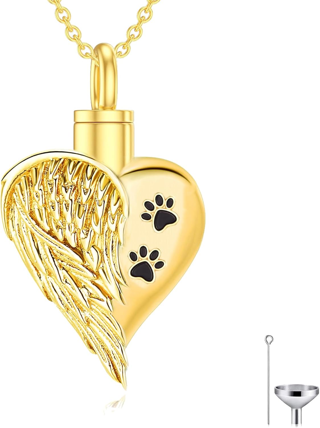 10K 14K 18K Real Gold Heart Angel Wings Pet Paw Print Urn Necklace for Ashes Personalized Angel Wings Dog Cat Animal Cremation Keepsake Ashes Holder Necklace Urn Memorial Pendant Jewelry for Women