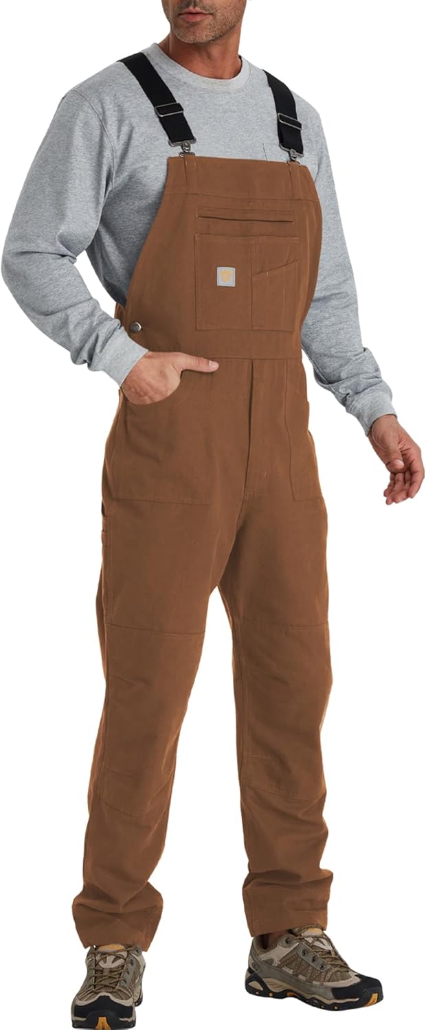 Men's Duck Bib Overalls - Double Front Unlined Utility Canvas Workwear with Adjustable Straps & Multiple Tool Pockets