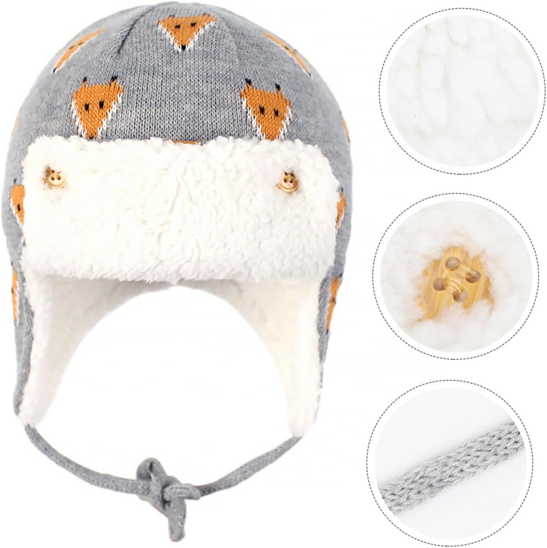 Cotton Winter Skiing Hat Ear Protection, Patterned Knit Cap for Boys, Warm L Size Cold Weather Hat Grey