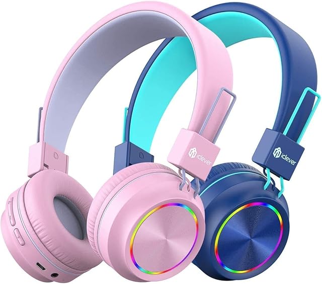 iClever 2 Pack Bluetooth Kids Headphones, Colorful Lights LED Kids Wireless Headphones with MIC, Volume Control, Foldable, Children Headsets for School/Travel
