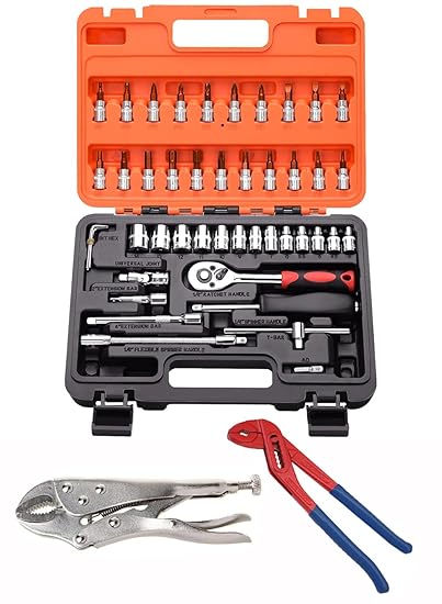 Digital Craft Multifunction Hand Tool Kit Car Ratchet Wrench Assembly Tool Household Repair Tools Automotive Set 46PC Socket Set,Water Pump Plier,10