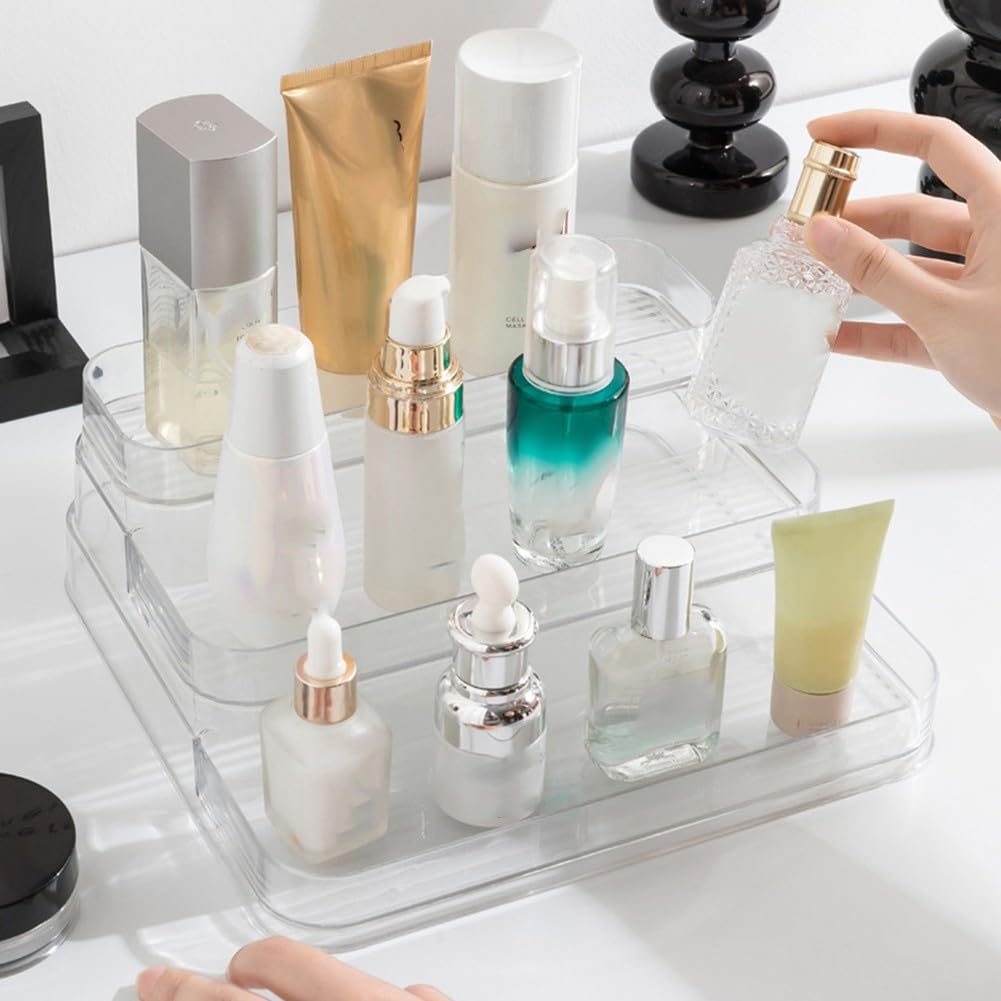 Confezione da 2 organizer in acrilico trasparente con tre ripiani per bottiglie di profumo, cura della pelle e medicine, design a gradini larghi per grandi contenitori, per uso domestico e bagno
