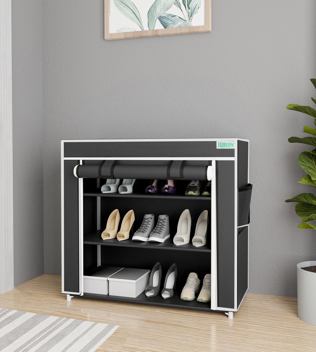 Premium 3-Tiers Shoe Rack/Multipurpose Storage Rack with Dustproof Cover (Small) (Black)