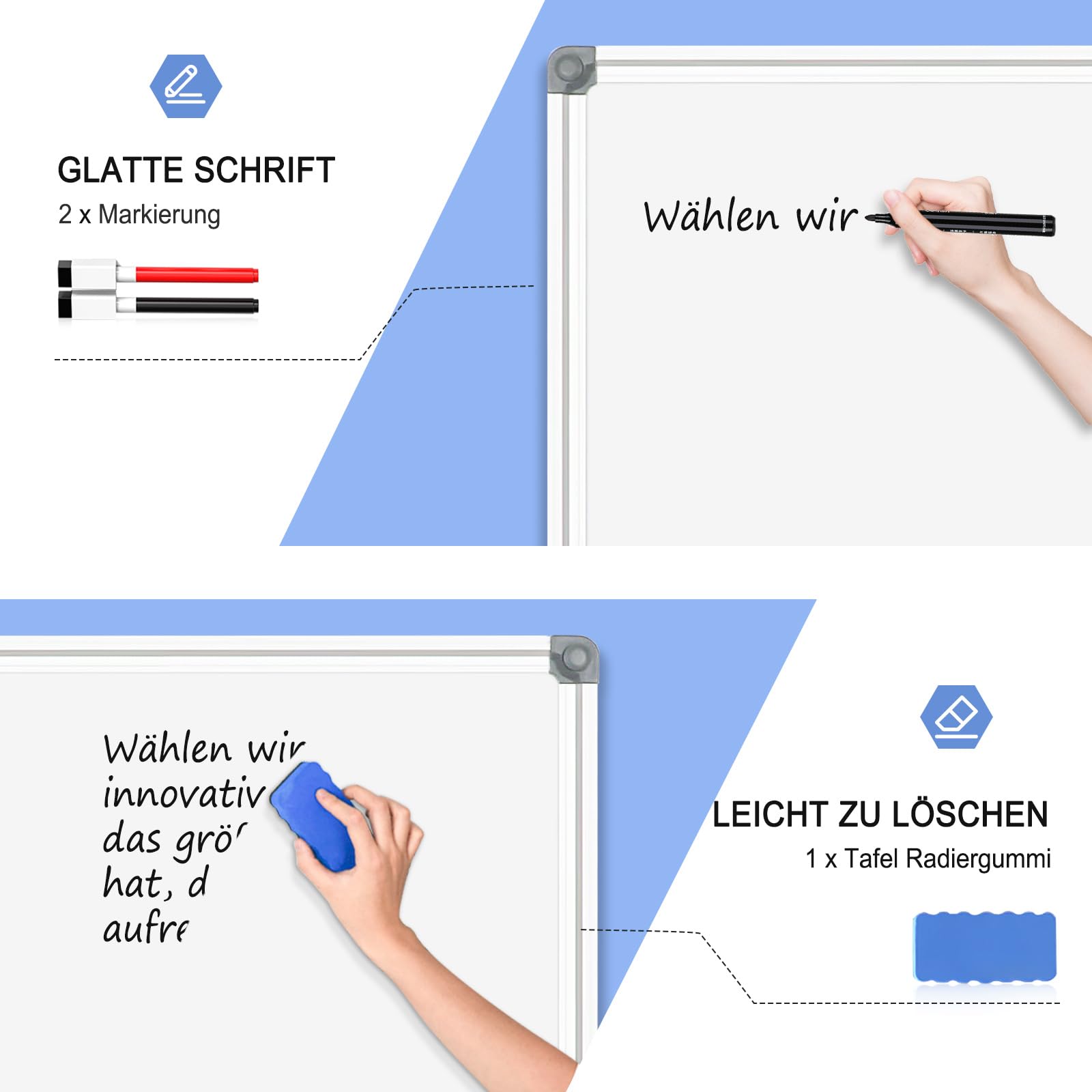 DOLLAR BOSS Magnetisches Whiteboard, 45X60CM Magnettafel Magnetpinnwand mit 2 Whiteboard Stifte, 8 Magnete and 1 White Board Radiergummi, für Schule & Küche und Büro, aufhängen, keine Bohrung