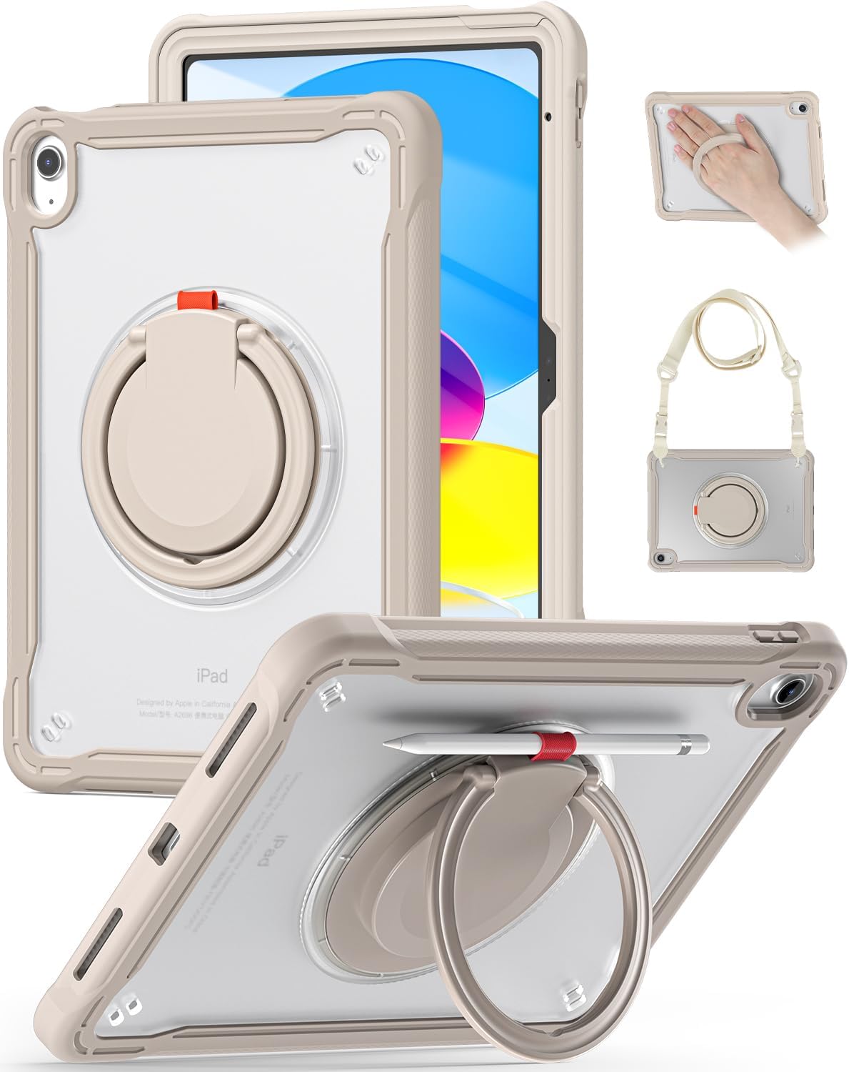BRAECN for iPad (A16) 11th/10th Generation Case 11 inch 2025/10.9'' 2022 Handle Protective Cover 360 Rotating Ring Stand, Shockproof Dropproof Case for Kids Kickstand & Pencil Holder & Shoulder Strap Khaki