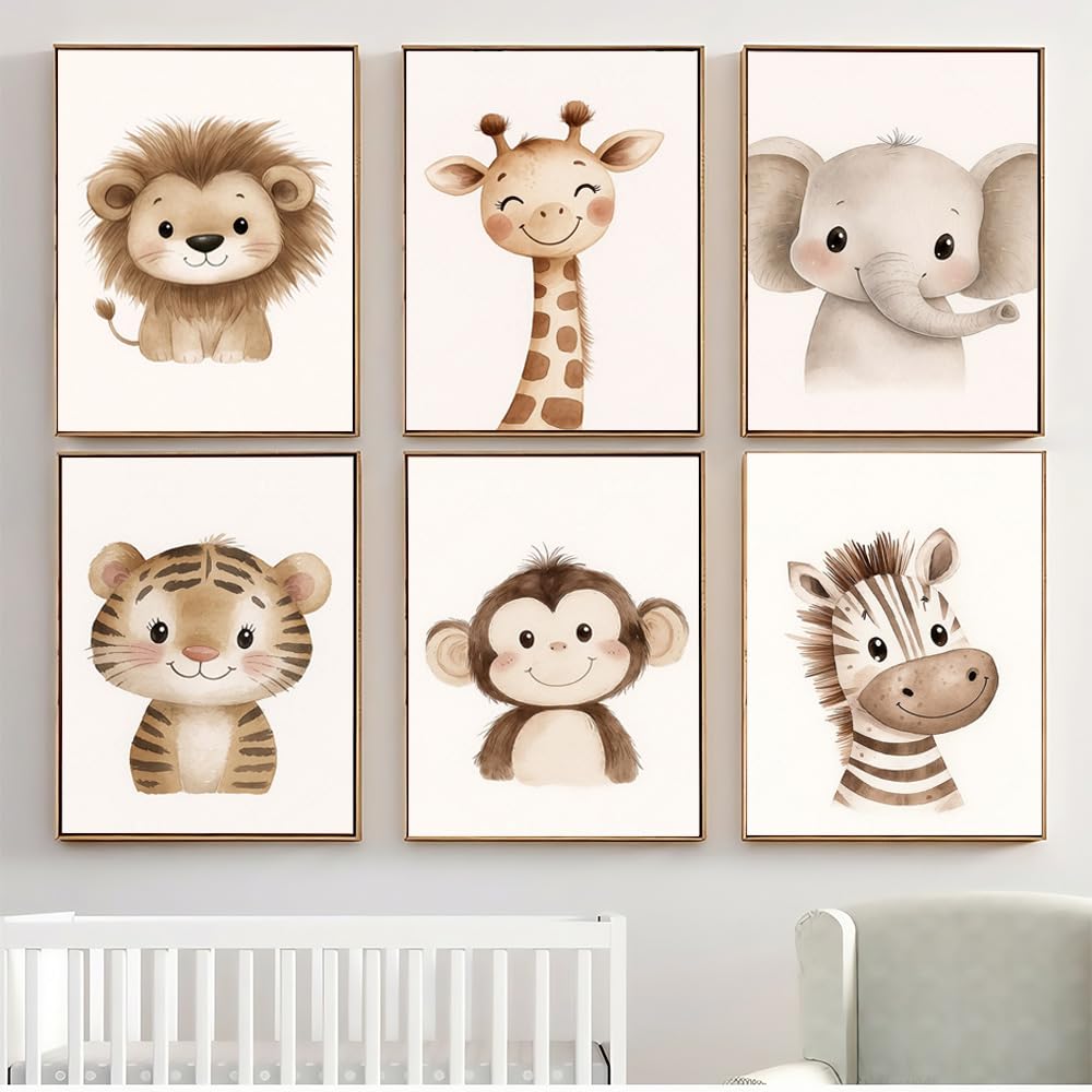 6 Laminas Animales Infantiles 21X30CM Cuadros Animales Niños Selva Elefante Jirafa León Zebra Poster Decorativos Habitacion Niños Lienzo Habitacion Bebe Cuadros Para Quarto Bebe Beige sin Marco