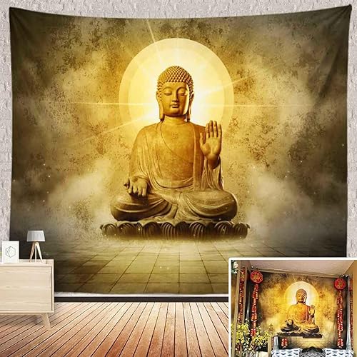 Miniatura 1 de BULOR Tapiz de Buda sentado con luces doradas, tapiz de loto meditando zen, tapiz para colgar en la pared de niños, bebé, cumpleaños, dormitorio,