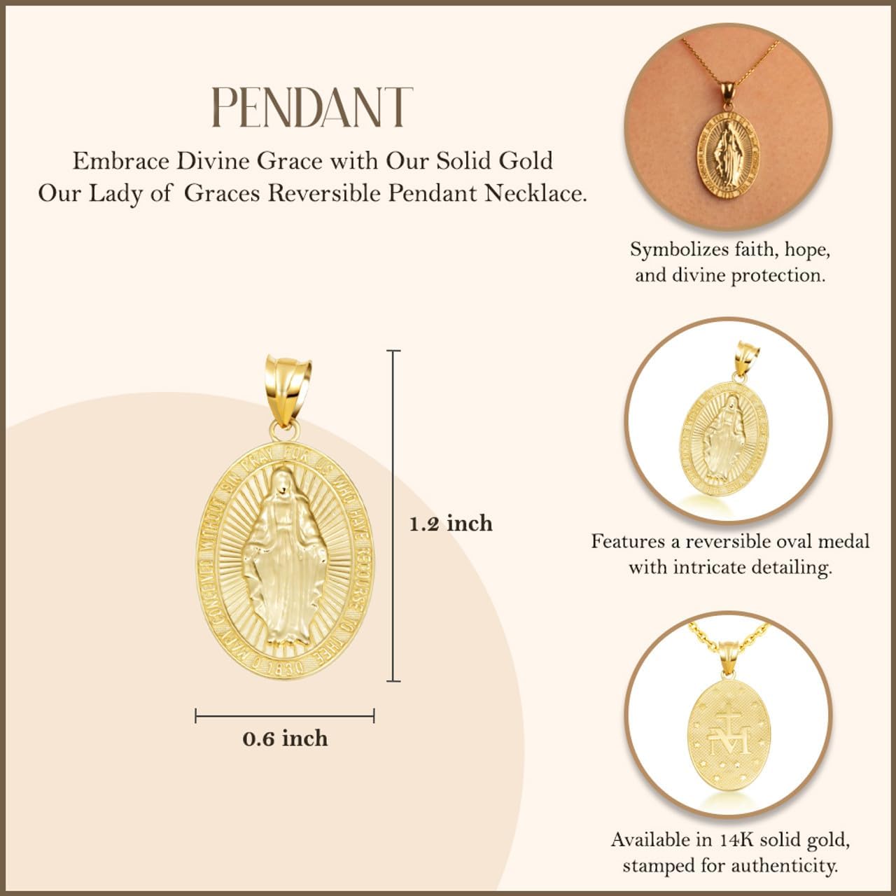 Gold Reversible Virgin Mary Miraculous Medal Pendant Necklace | 10K or 14K Yellow, Rose, or White Gold | Choice of Chain Length/Pendant Only - Image 4