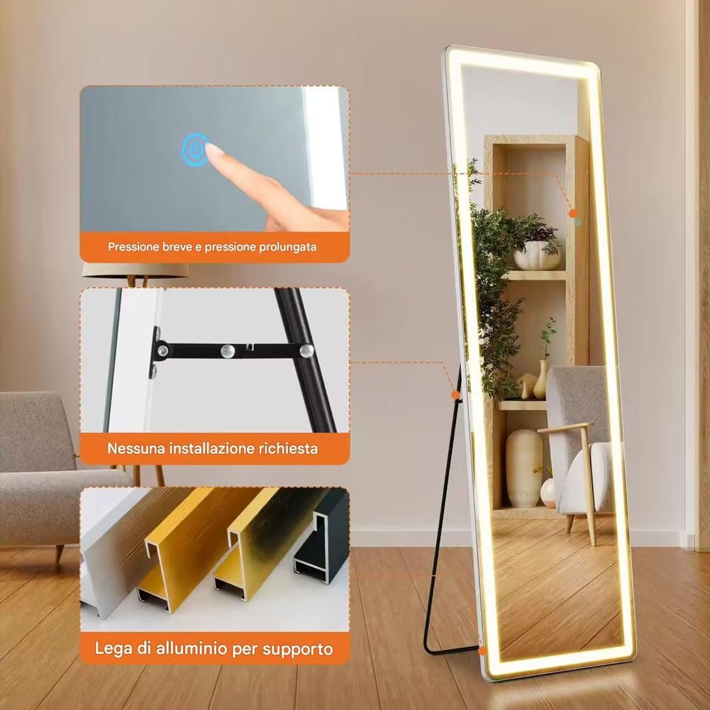 Shally Dogan Specchio da Terra Figura Intera con Luci Led e Pulsante Touch, Stand da Pavimento Struttura Alluminio Resistente con Illuminazione Dimmerabile Bianco Freddo, Caldo e Naturale, 160 x 50 cm