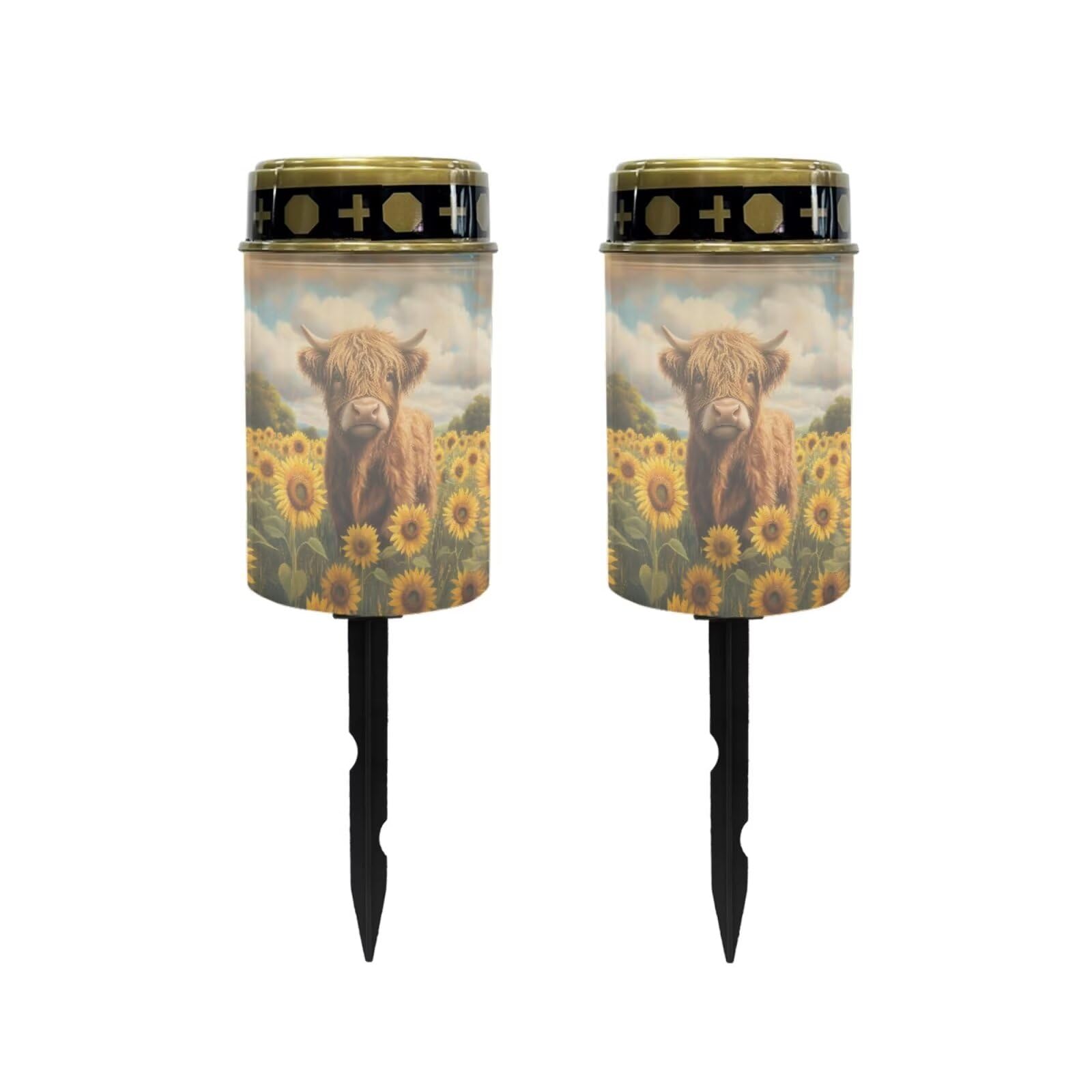 Poceacles 2 PCS Solar Lights Outdoor for Cemetery Grave Decorations, Fake LED Pillar Candles Solar Powered Waterproof Outdoor Stake Lights Grave Markers, Cow Sunflower Field