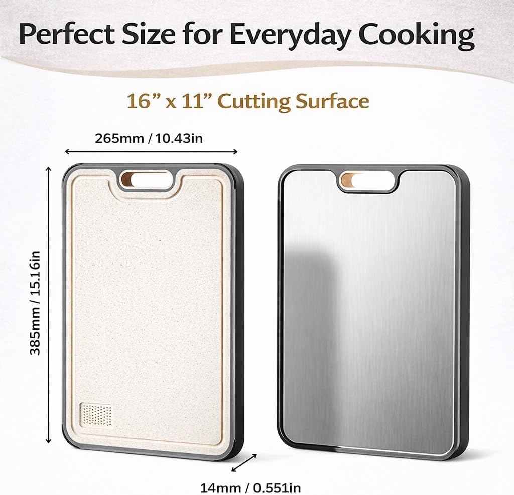 Titanium Cutting Board for Kitchen, 2-in-1 Double Sided Design with Titanium & Wheat Straw PP, Easy to Clean Surface, Juice Groove, Garlic Grinding Area, Dishwasher Safe