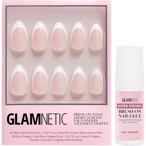 Glamnetic Press-On Nails & Brush-On Nail Glue | Ma Damn White French Tips, Short Almond Shape