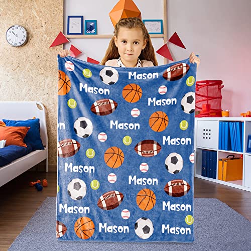 Image of Personalized Ball Blanket with Name for Boys Custom Name Blanket for Kids