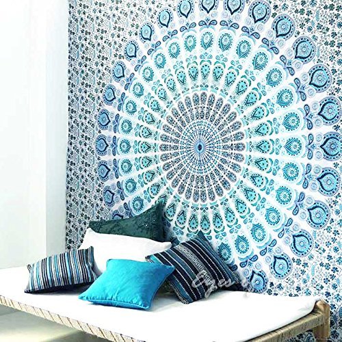 Peacock Wing Indian Mandala Bohemian Art Wall Hanging Bedspread Bedcover Beach Throw Blanket Yoga Mat Tapestry (Blue-2, Twin)-image-27
