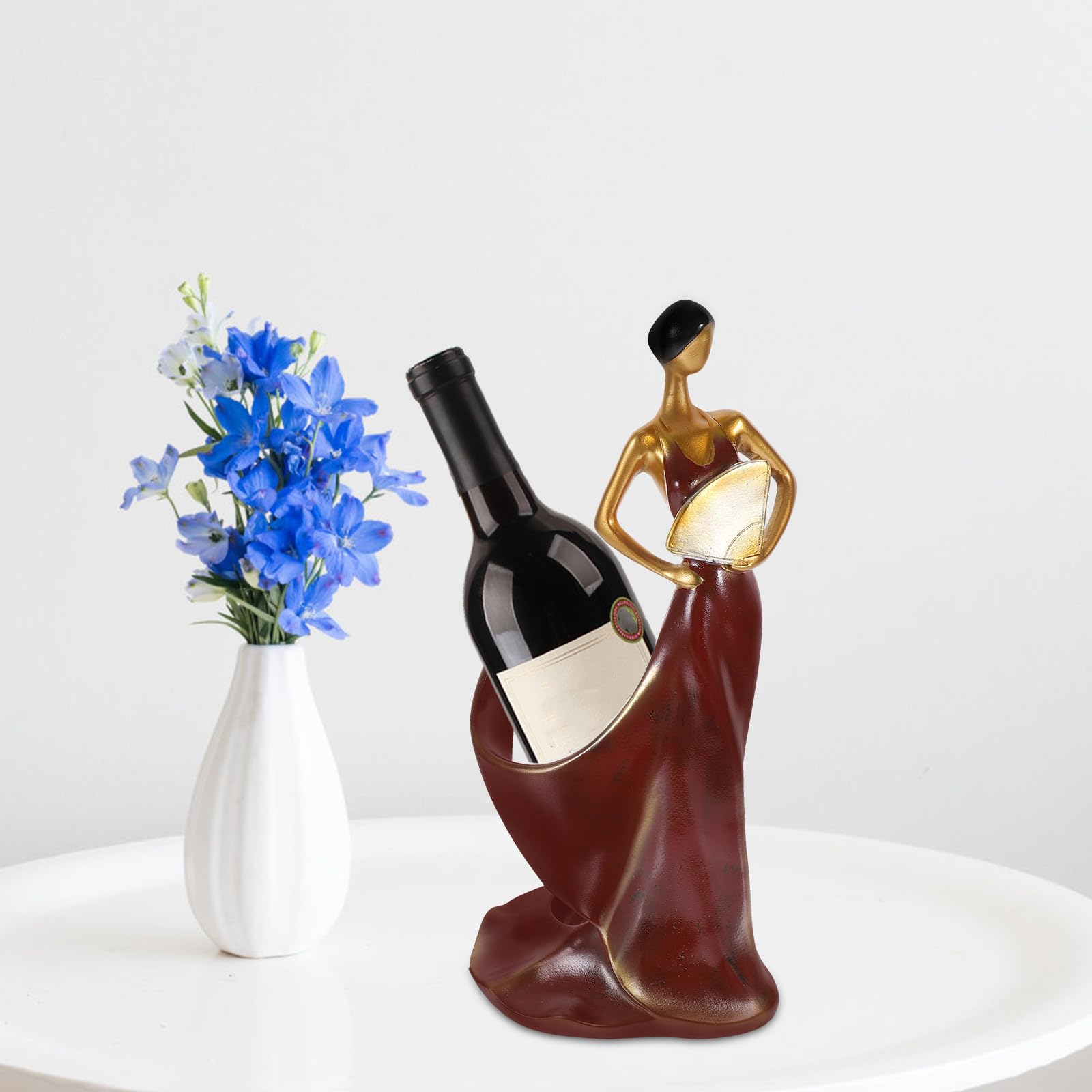 ULTECHNOVO Botellero Expositor de Botellas de Vino, Estatua de Dama de Belleza Porta Vino, Resina Roja, Soporte Decorativo para Flores y Objetos, Sobremesa, para Housewarming