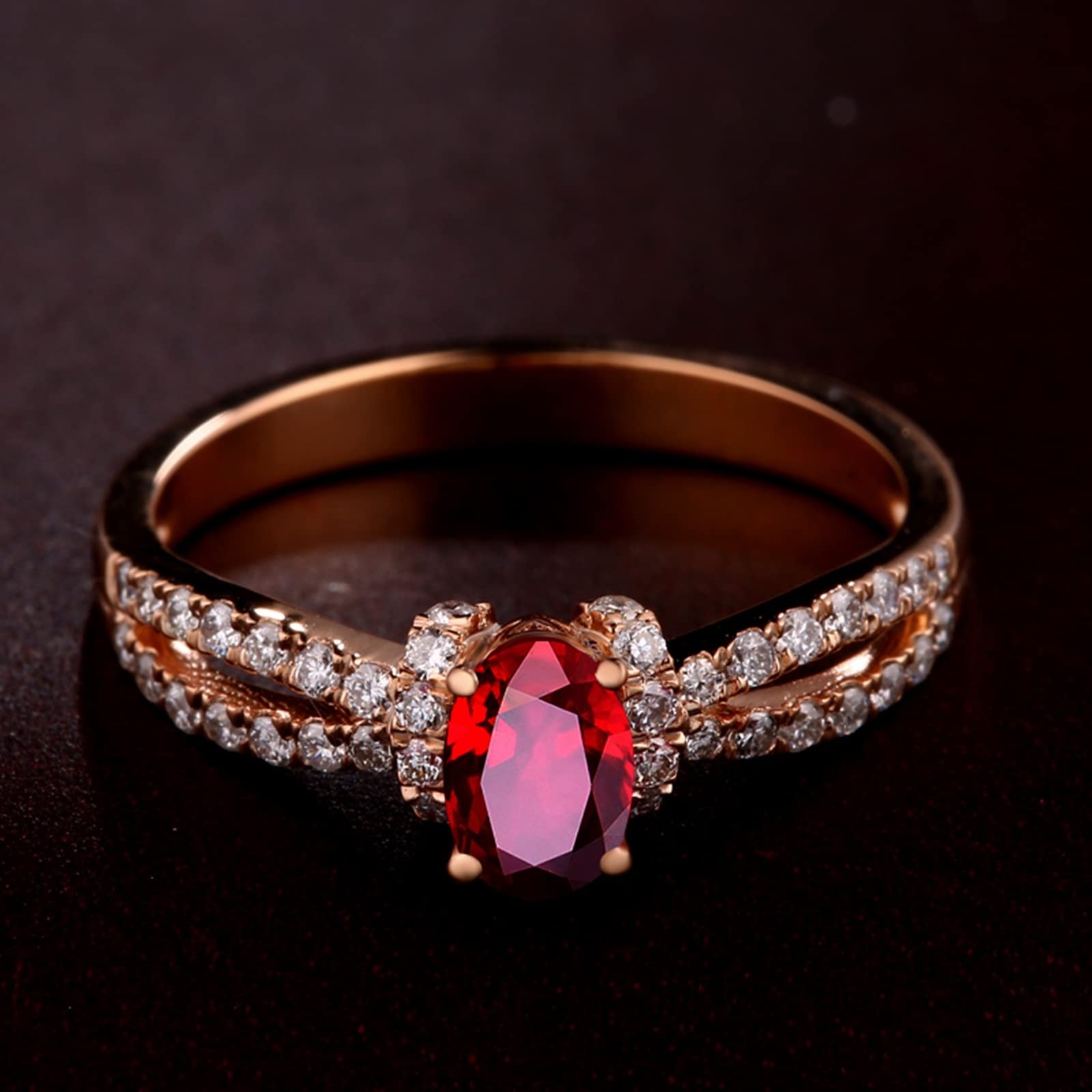 Anillo de mujer vintage, anillos de mujer de oro rosa de 18 quilates de 0,57 ct con diamante y rubí redondos de dos hilos rojos, ovalado, alianzas de compromiso para mujer