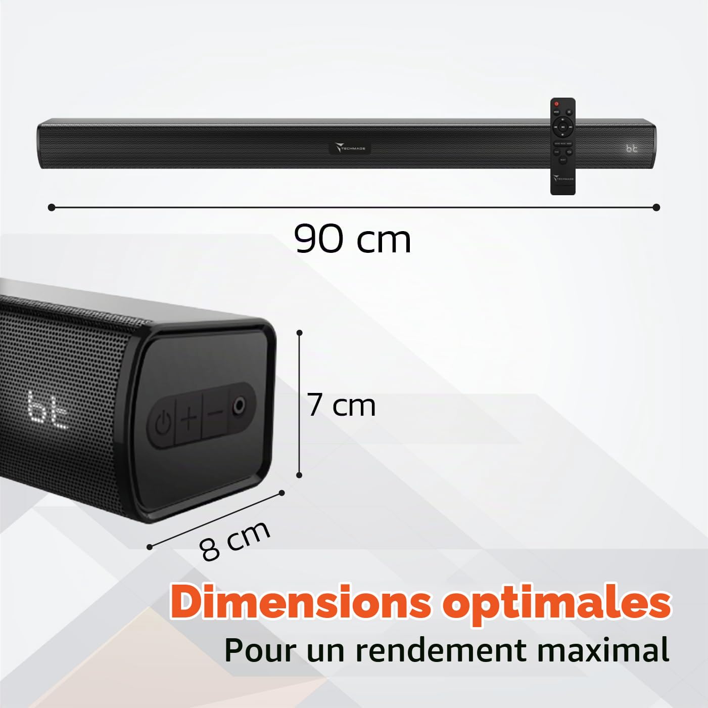 TECHMADE Barre de son TV 2.0 Bluetooth - Puissance maximale 120 W - Entrées HDMI ARC/USB/AUX/optique - Audio puissant, basses profondes - Compacte, installation murale