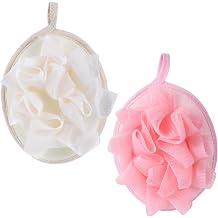 2 Pcs Travel Loofah, Lightweigh Travel Size Loofah, Mini Small Shower Puff with Elastic Hand Strap, Exfoliating Shower Puff for Body and Sensitive Skin, Lightweight Washable Mesh Sponges