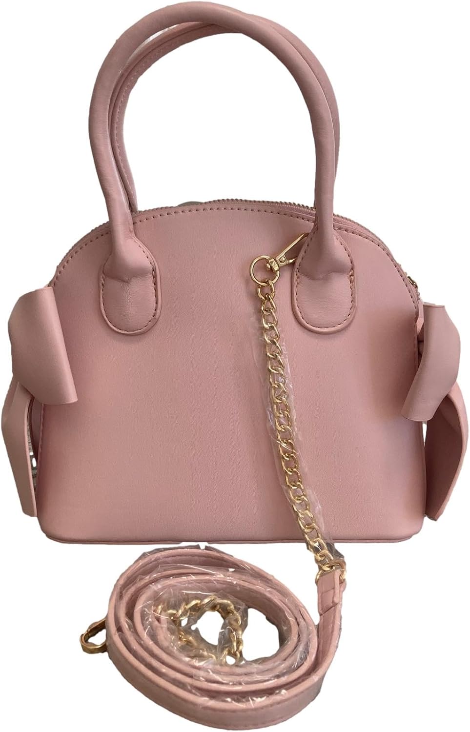 Betsey Johnson Holly Feminine MINI Double Sided Bow Detail W/Detachable Gold Tone Cameo Pendant Light Pink Faux Leather MINI Satchel Crossbody