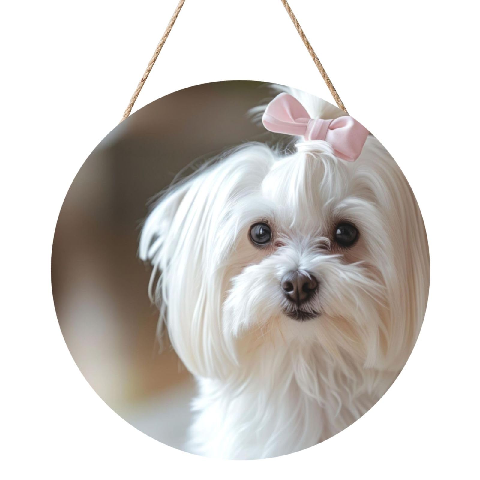 InOmak Lovely Maltese Dog Printed, Round Wood Panel Painting 12 in, Wall Hanging Painting For Home