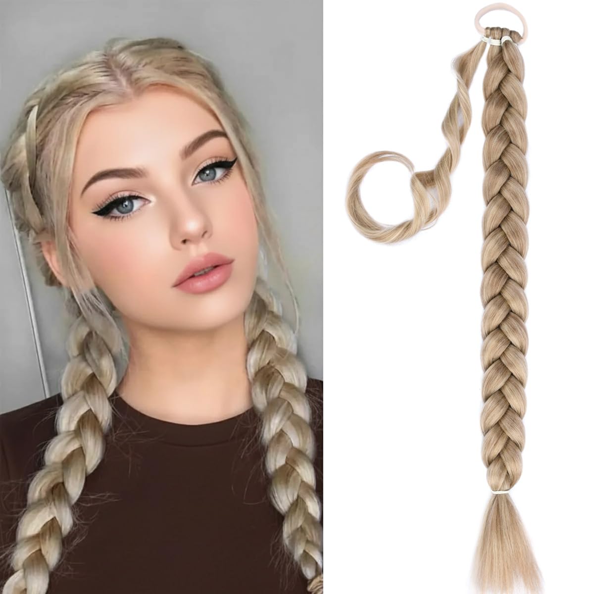 VOPPIS Long Braided Ponytail Extension 30 Inch Pre stretched Braiding Hair Extensions DIY Braid Ponytail Natural Soft Synthetic Hair Piece (Light Ash