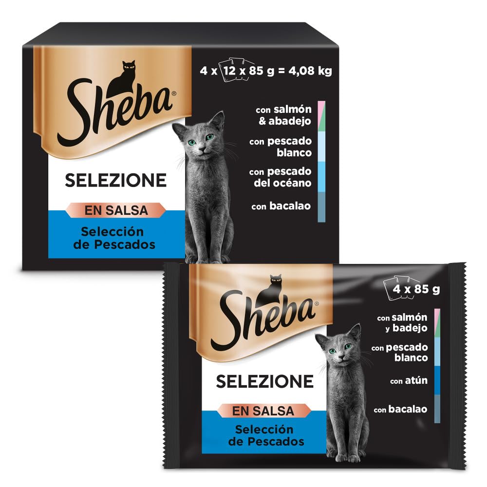 Sheba Selezione Comida Húmeda para Gatos Selección Pescado en Salsa, Multipack (4 cajas x 12 sobres x 85g)