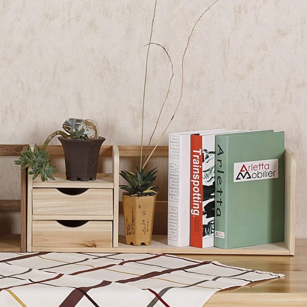Półka na książki, biurko, drewniana biblioteczka z 2 szufladami, 2 kolory, kolor drewna