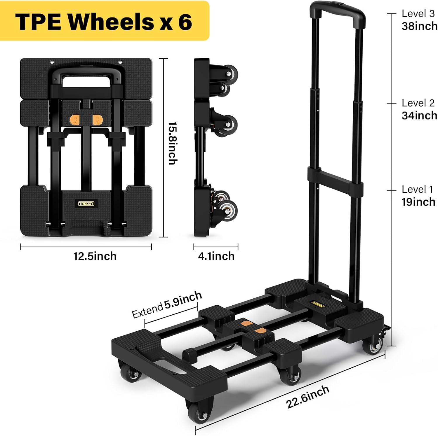 Diable Pliable, Chariot Robuste avec 6 Roues, capacité de 226,8 kg, Plaque Extensible de 66 cm, 2 Sangles élastiques, Chariot Utilitaire Pliable pour déménagement, Bagages, Voyage, Shopping, Noir