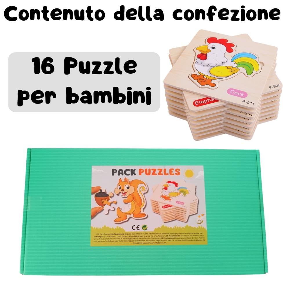 16 PCS Puzzle in Legno per Bambini di 1, 2 anni e 3, Regali per Compleanni e asilo nido, Giocattoli Educativi Montessori, Regali Originali, Puzzle in Legno con Animali (16 PUZZLE)