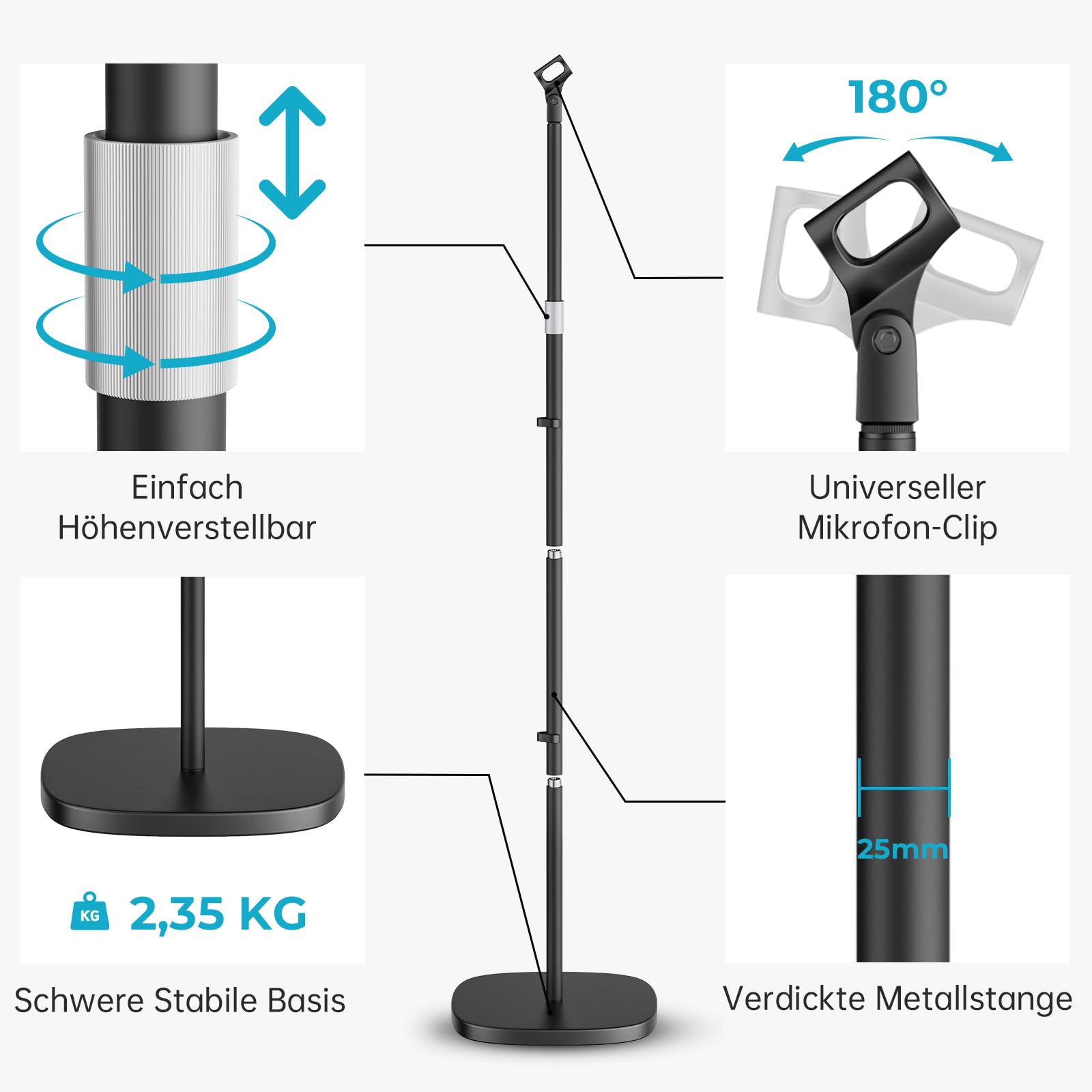 Mikrofonständer Universal, Höhenverstellbares Mikrofonständer boden mit robustem 2,35 kg Rundfuß, inkl. 2 Mikrofonclips und Adapter für Blue Yeti/Snowball/Shure SM7B/Samson Q2U/HyperX