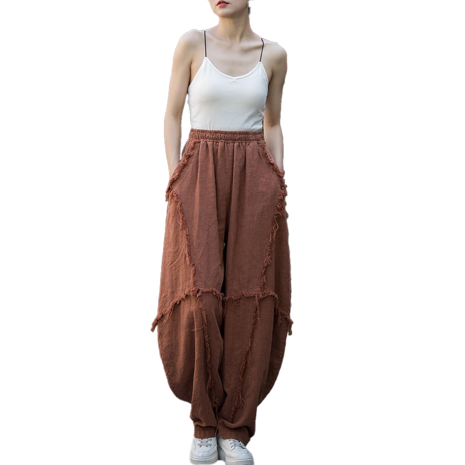 Womens Wide Leg Pumpkin Style Elastic Waisted Loose Cropped Pants with Pocket for Casual Bohemian