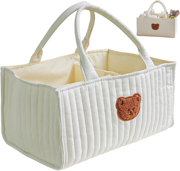 Caddie à couches, panier matelassé portable avec séparateurs et poignées amovibles pour chambre d'enfant, panier de rangement pour couches, lingettes, jouets, essentiels pour bébé, blanc, sacs à couc - 2