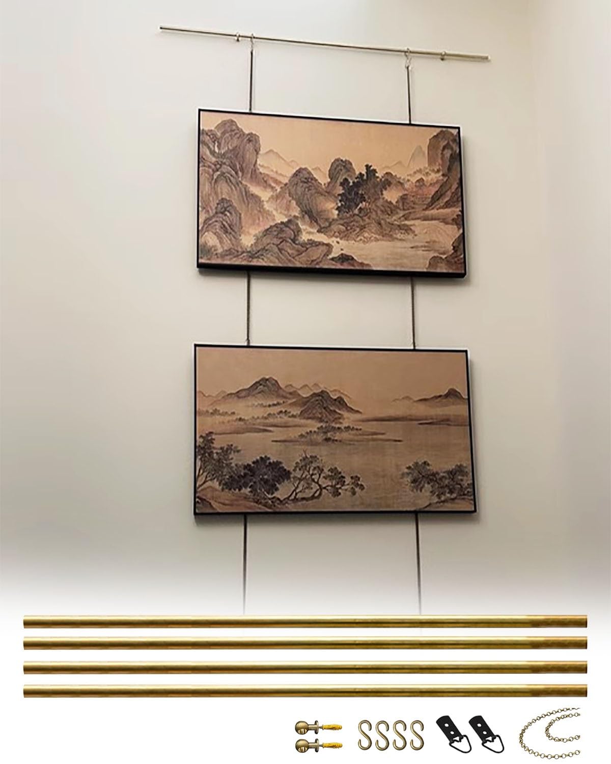 Bilderschienensystem aus Vintage-Messing mit Komplettset, dekoratives Schienensystem für Museumskunst, verstellbare Haken zum Aufhängen von Galerierahmen, individuell anpassbar (4 Stück, 110