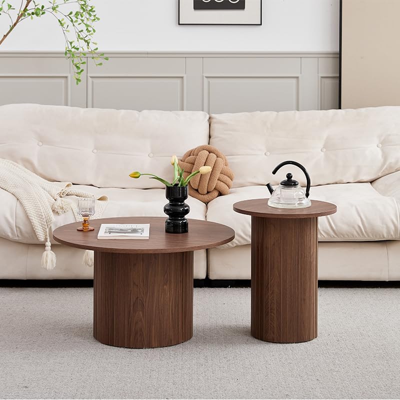 GrandCA HOME Lot de 2 Tables Basses Rondes, Table d'appoint Ronde pour Canapé, Plateau en MDF avec Sommier à Lattes en Bois, Convient pour Salon et Bureau（Grain de...