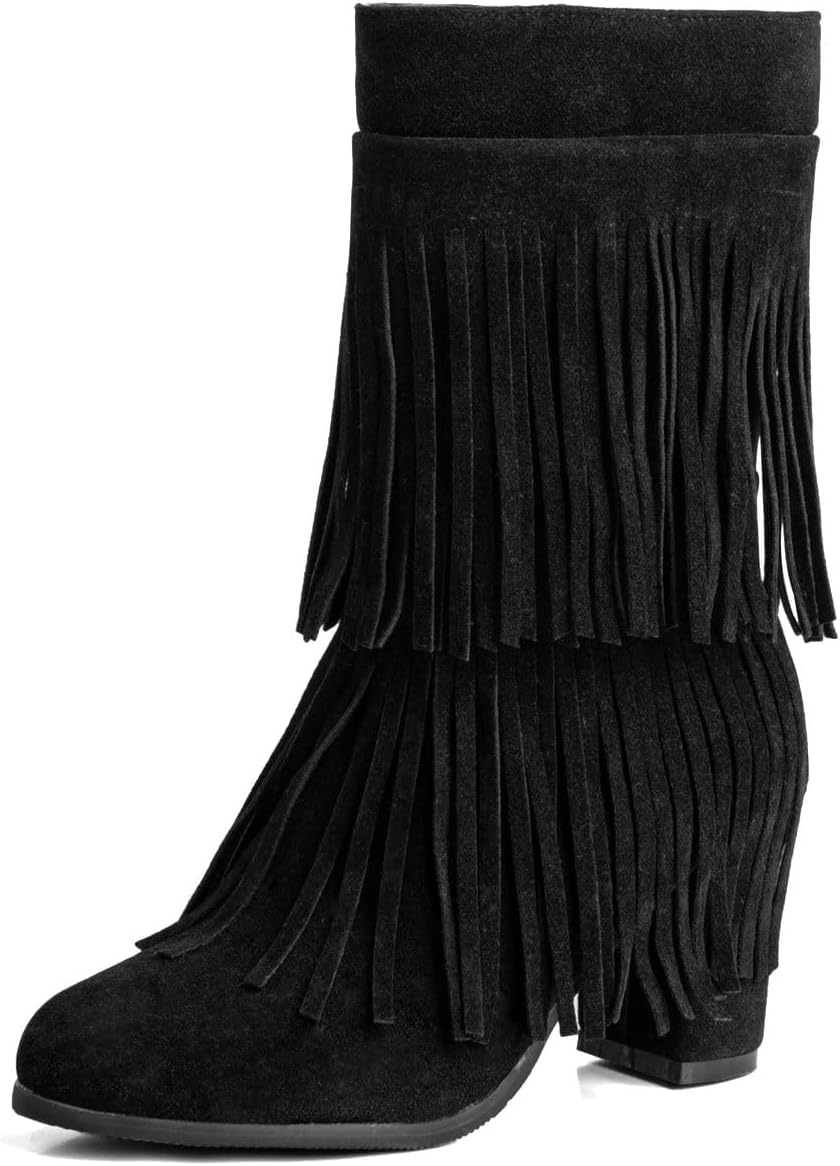 DINTAHA Fringe Suede Mid Calf High Heel Boots Chunky High Heeled Zip Up Ankle Boots