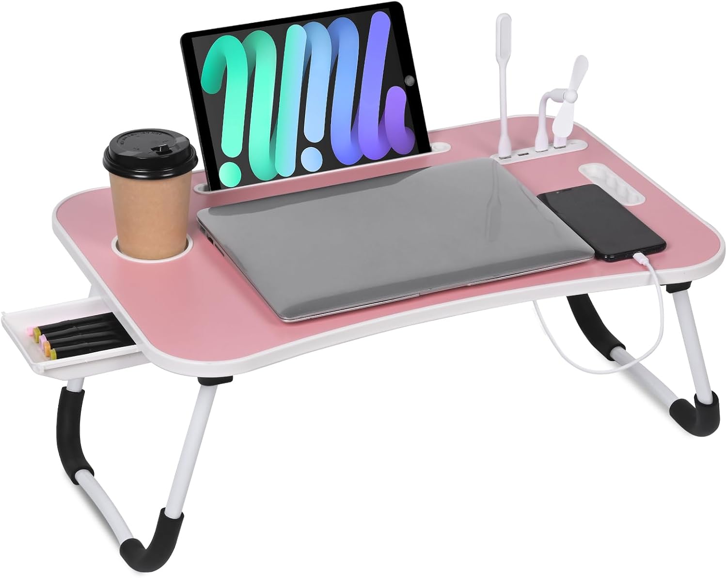 23.6 inch Portable Bed Desk, Folding Lap Desk with 4 USB Ports, Wind Fan, LED Light, Cup Holder and Side Drawer for Working, Reading, Writing, Eating on Bed, Sofa, Floor (Pink)