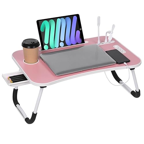 23.6 inch Portable Bed Desk, Folding Lap Desk with 4 USB Ports, Wind Fan, LED Light, Cup Holder and Side Drawer for Working, Reading, Writing, Eating on Bed, Sofa, Floor (Pink) - Pink