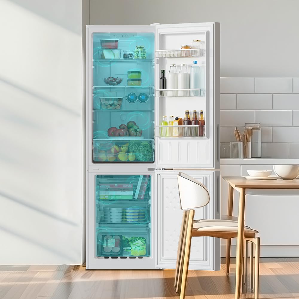 Cecotec Lodówka kombi Bolero CoolMarket Combi 250 White Glass D Inverter Plus kompresor, białe szkło 180 x 55 cm, 250 l, No Frost, klasa energetyczna D, Multi Air Flow, szybkie chłodzenie i pojemnik
