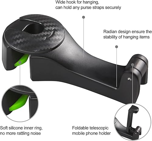 Miniatura 2 de Ganchos de asiento de automóvil 2 en 1 para bolsos y bolsas con soporte para teléfono, reposacabezas automático, organizador de bolsos, resistencia